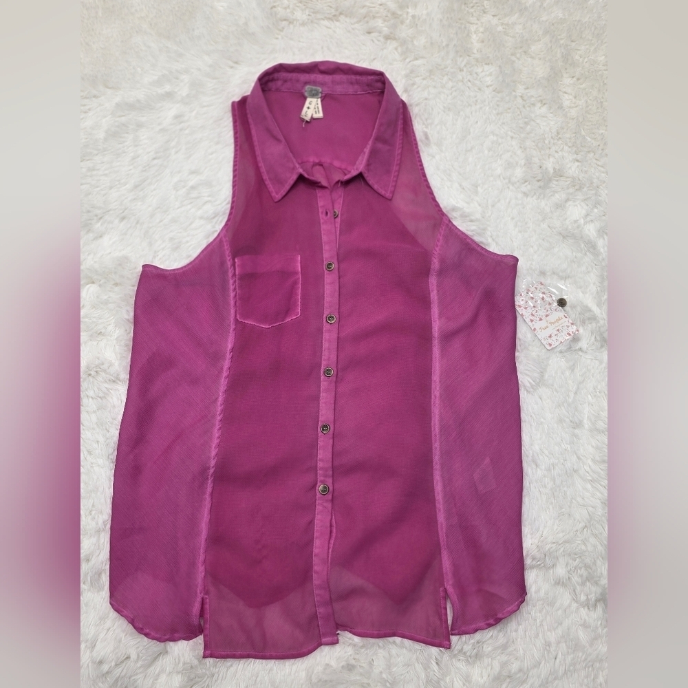 Free People- Sheer Pink Sleeveless Button-Up Top. Size L. NWT - Picture 2 of 7